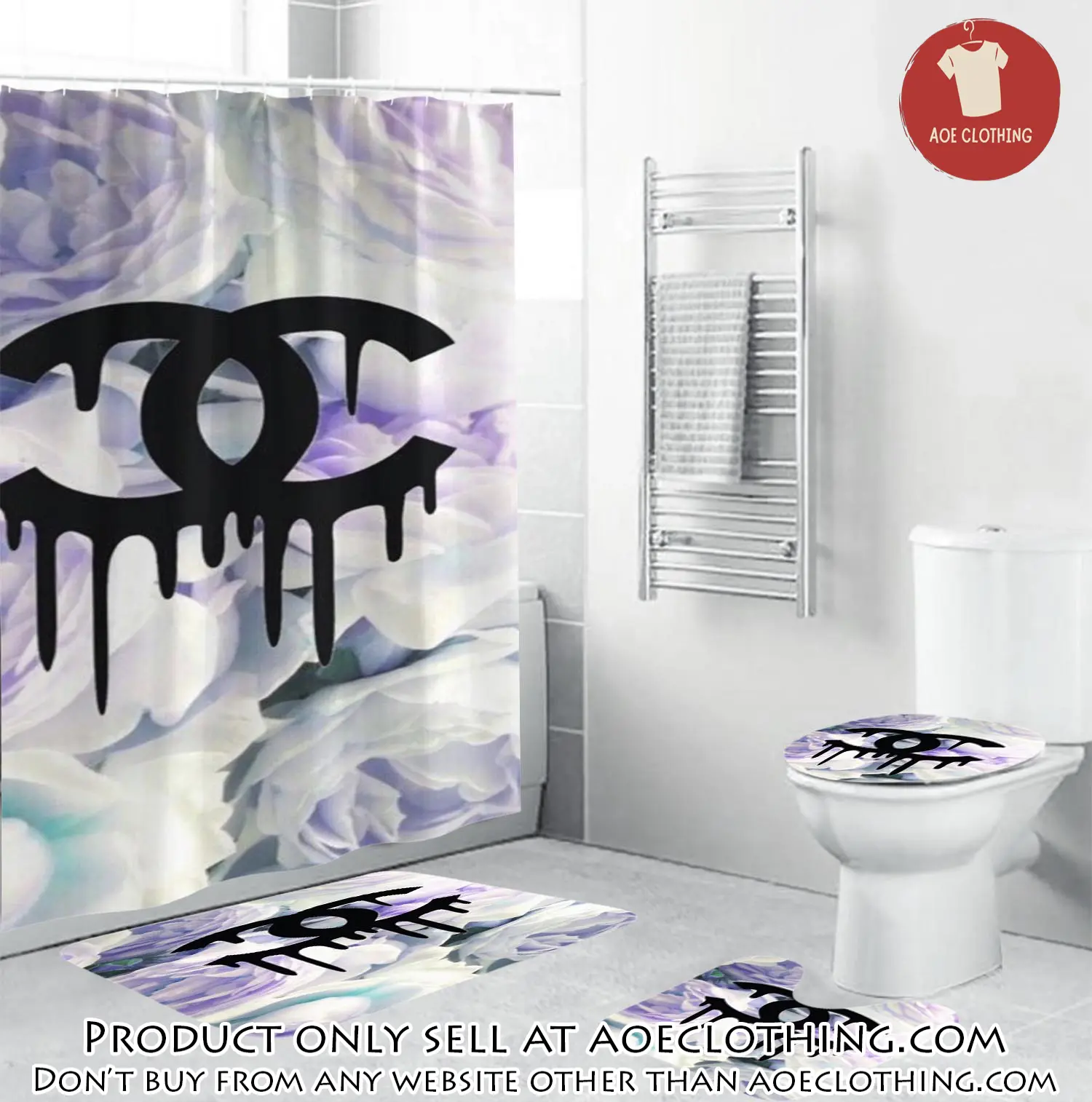 Coco chanel black dripping logo in floral background bathroom set shower curtain aoe0655423